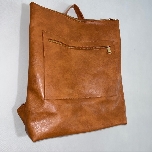 Vegan Leather Oversized Backpack- Convertible Laptop Travel Bag‎ Camel NEW - Picture 2 of 16